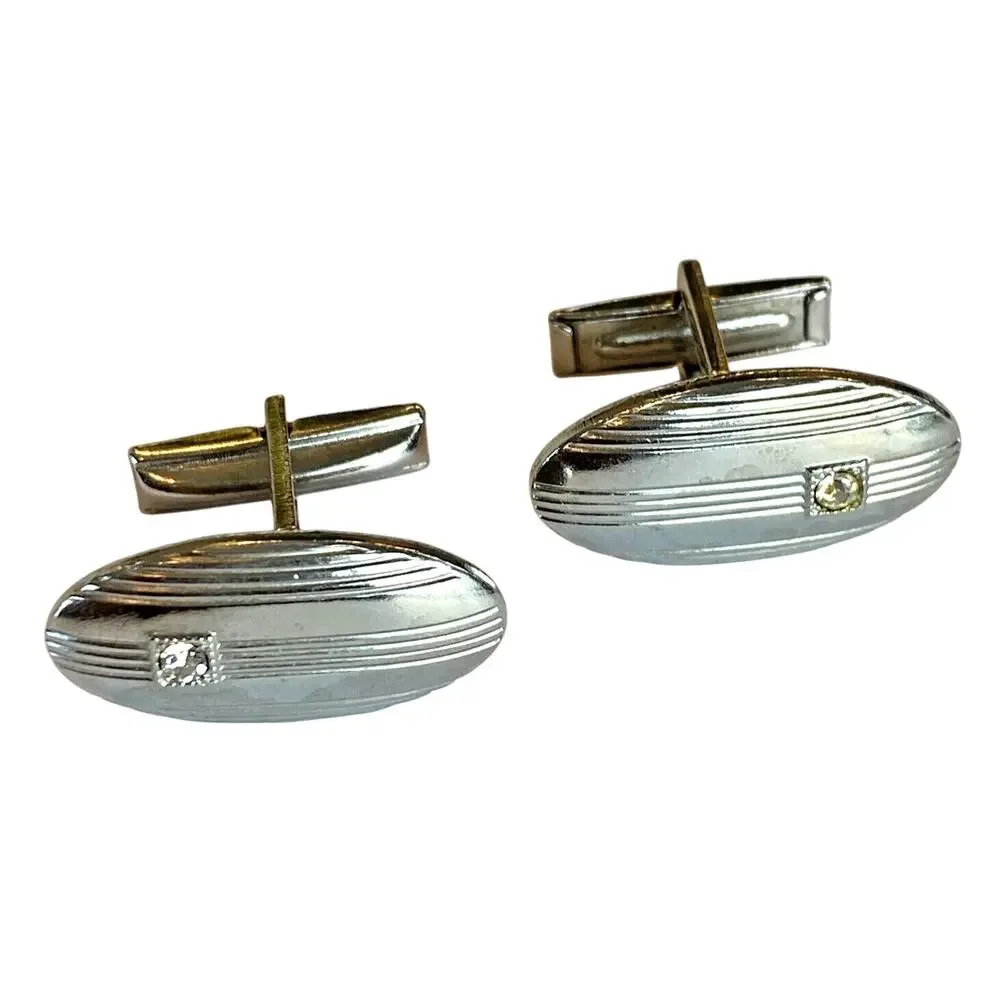 Vintage Mid Century Cufflinks Atomic Age Jewelry Silvertone & White Rhinestone